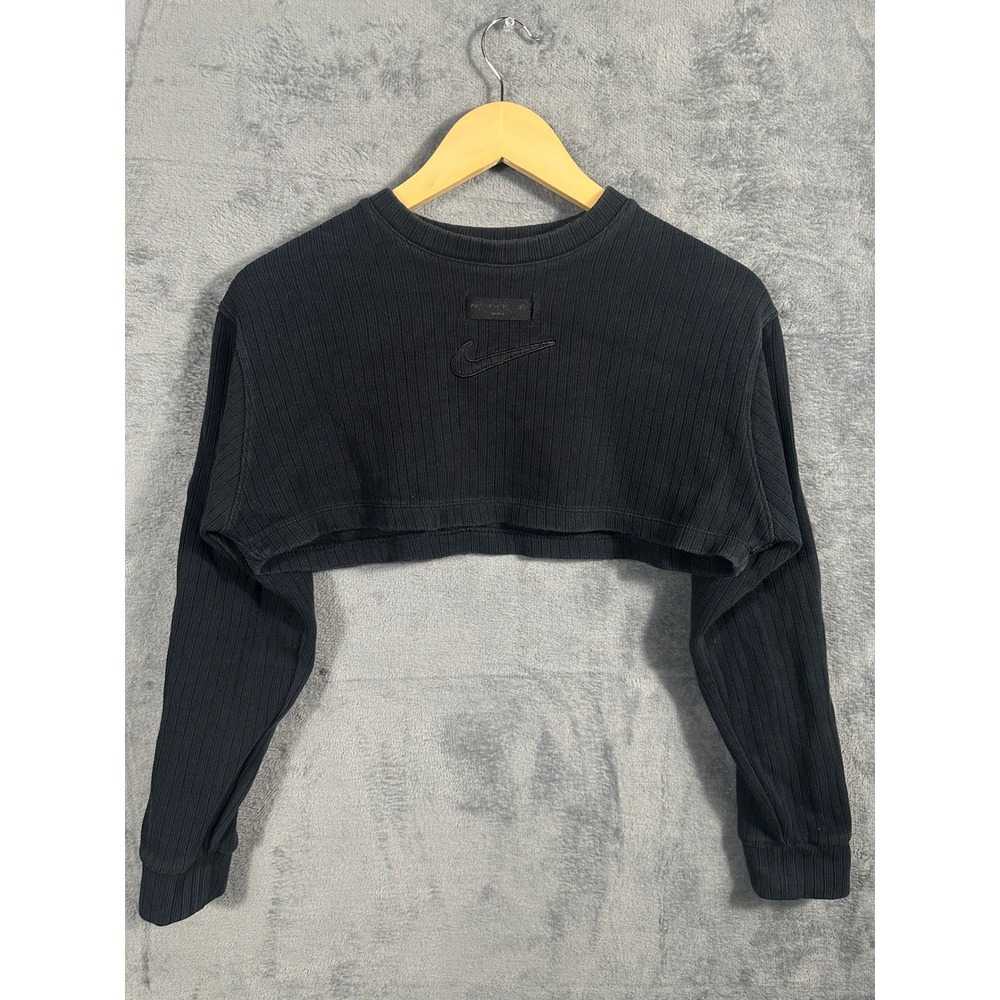 Nike Womens Ribbed Long Sleeve Ultra Crop Top Black Swoosh XS DV7832-010